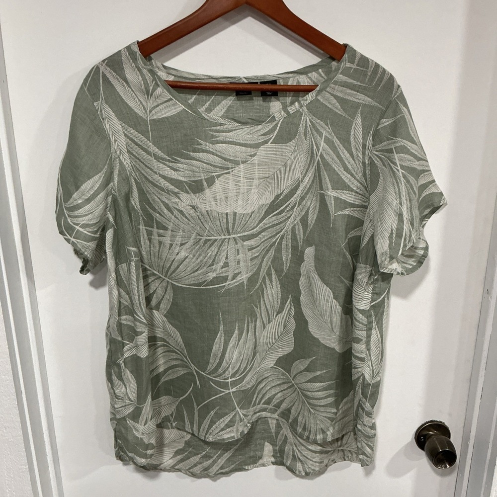 Tahari Linen Green White Tropical Leaf Short Sleeve Top, 1X, High Low Split Hem
